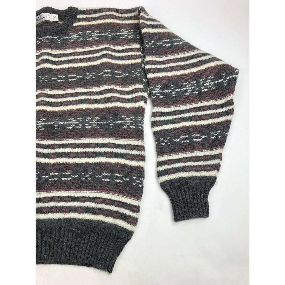 VINTAGE Jantzen Sweater Mens Large Gray Cream Geotmetic Made USA